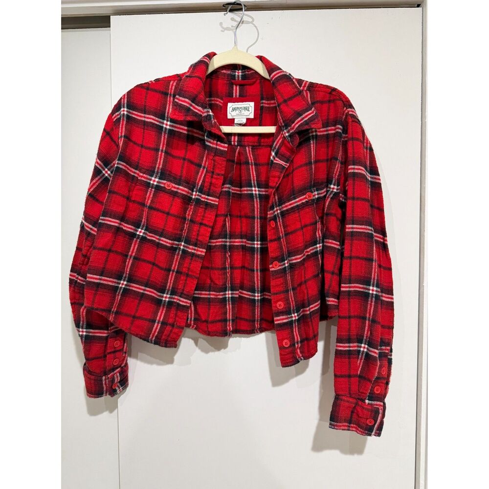 American Eagle Red Black Plaid Cropped Raw Hem Flannel Shirt Size S